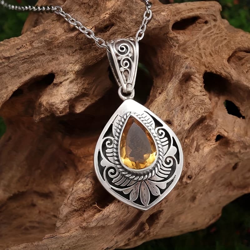 TEMU 1pc/set Fashionable Drop Shape Citrine Gemstone Pattern Pendant Necklace For Women Elegant Dinner Party Jewelry Girls Gift