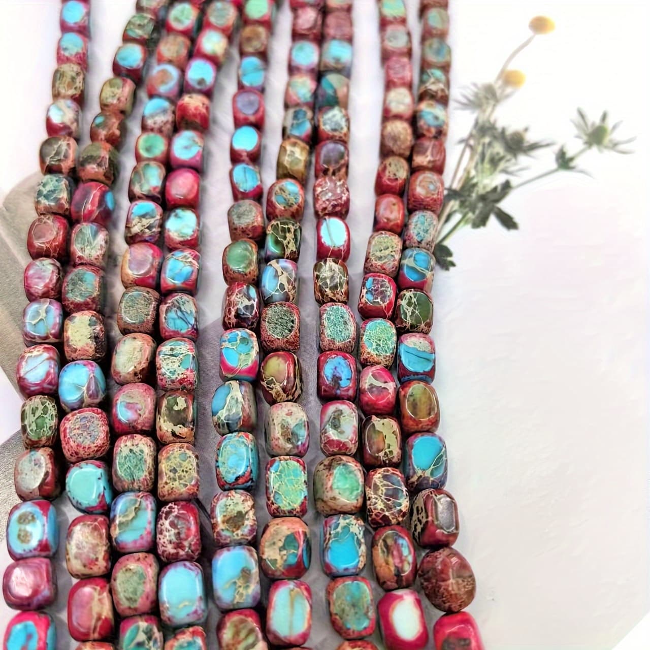 TEMU 18cm Red Blue Natural Imperial Pine Geometric Bohemian Loose Bead Handmade Bracelet Necklace Sweater Chain Accessory
