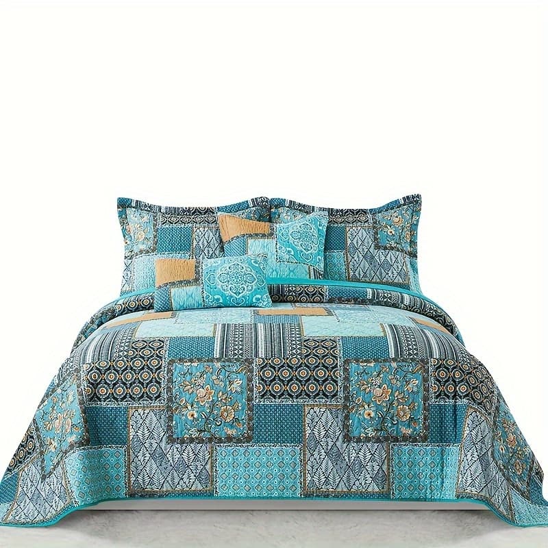TEMU Lightweight Teal Cotton Quilt Comforter Set, Consisting Of 3pcs Including 2 Pillowcases, Featuring A Reversible Turquoise Bedspread Suitable For All , Ideal For A Farmhouse Style