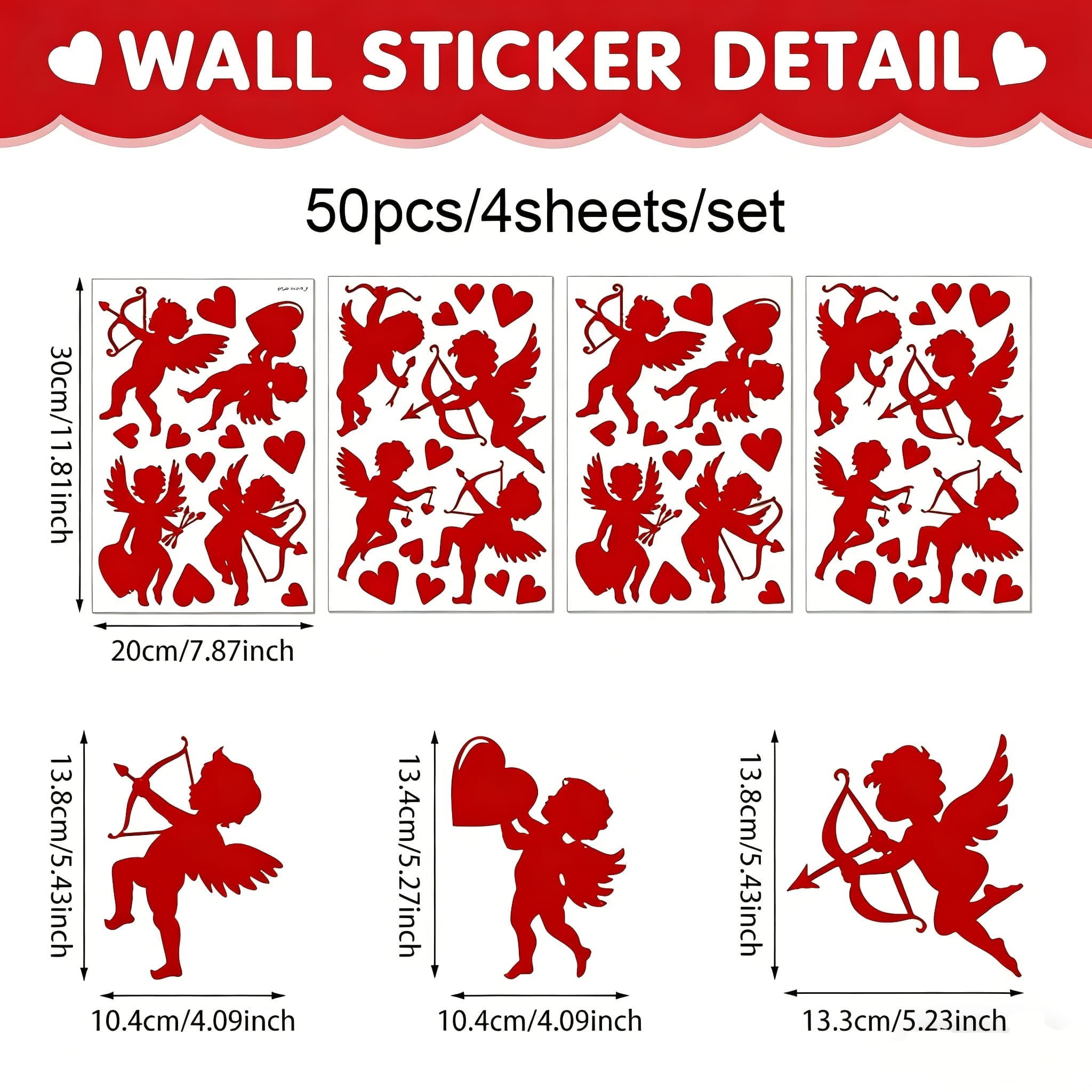 TEMU 50pcs (4 Sheets) Valentine's Day Red Cupid Window Clings Decorations, Red Heart Stickers Decor, Home Office Happy Valentine's Day , Pink Wedding Romantic Decal Decorations