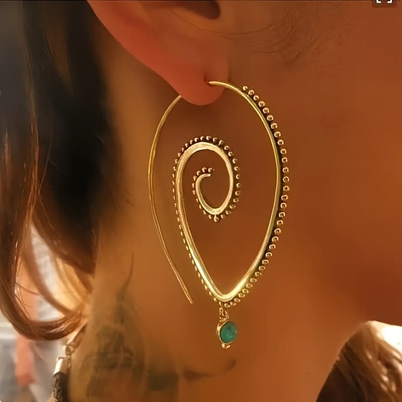 TEMU A Pair Of Vintage Bohemian Style Circular Earrings For Women, Featuring Synthetic Gemstones Oval Spiral Design, Perfect For Parties And Vacations