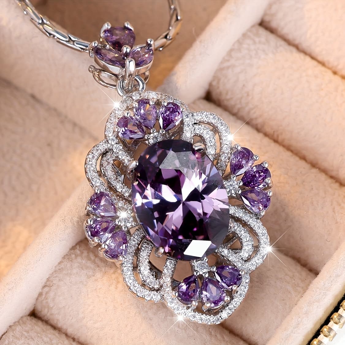 TEMU A Stylish And Elegant Purple Synthetic Zirconia Pendant Necklace For Women, Perfect For Parties And Formal Events