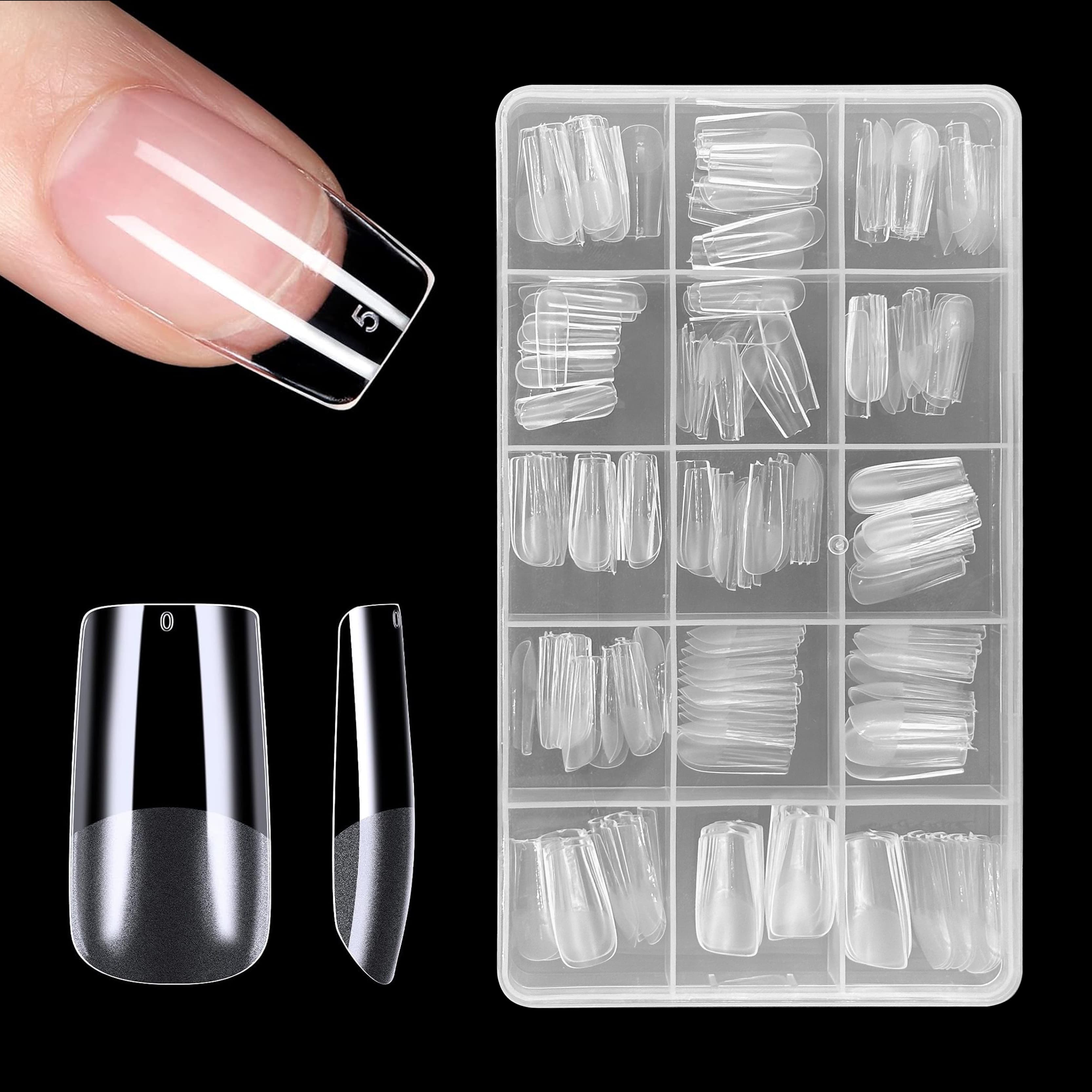 TEMU 240pcs Multiple Models Nail Tips, Square 15 Sizes Clear Fake Nails Full Cover Acrylic Nail Tips For Extension Nail Manicure Salon Home Diy