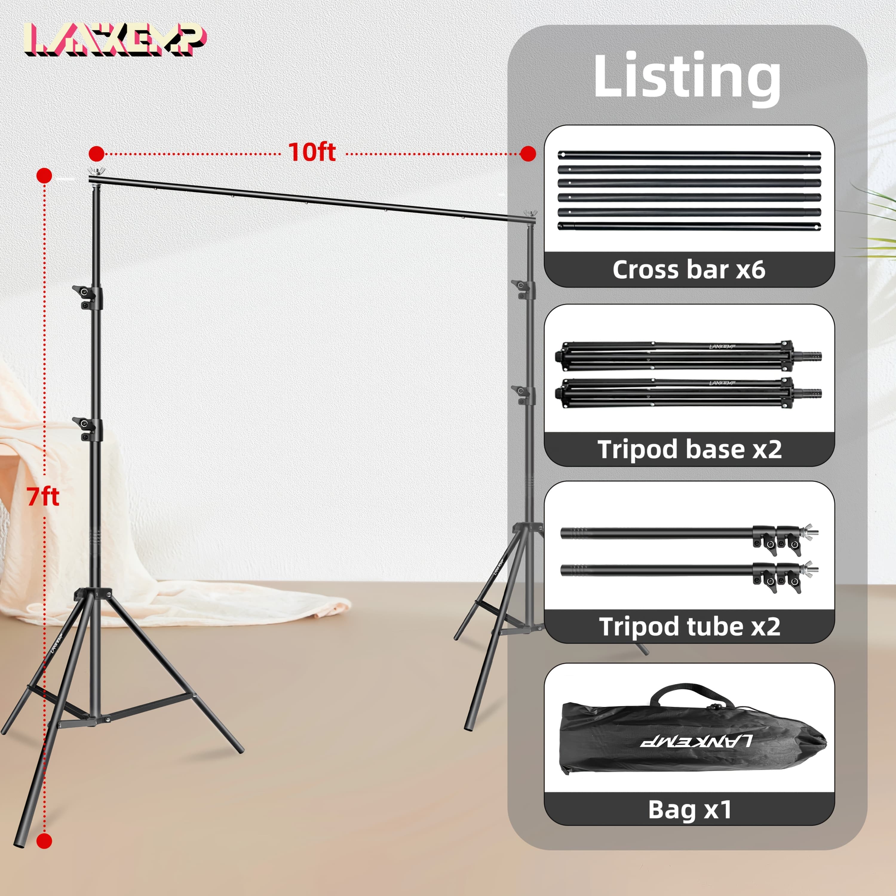 TEMU 10x7 Ft Adjustable Backdrop Stand | Aluminum Alloy Photography Studio Background Support System With Carrying Bag For Parties, Ideal For Christmas