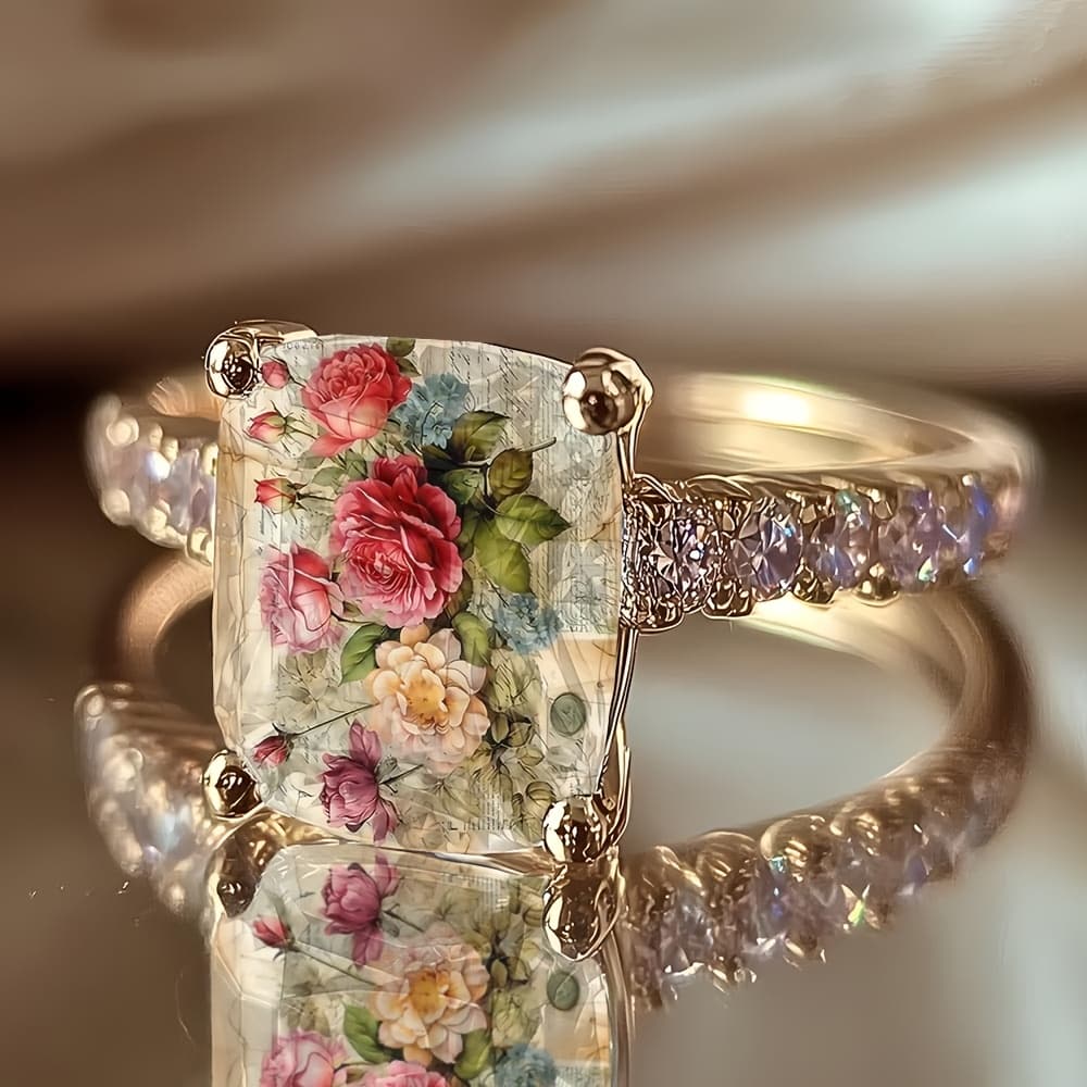 TEMU Women's Golden Rose Bouquet Vintage Illustration Square Ring With Design, Light Jewelry, Suitable For Everyday Wear And Special Occasions