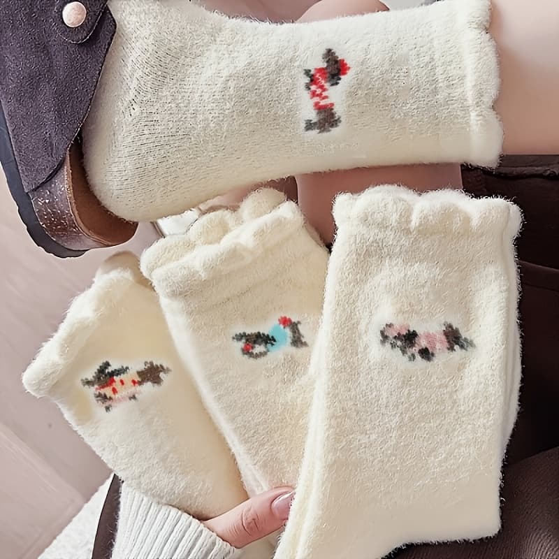 TEMU 4 Pairs Of Winter Solid Color Socks, Women's Cute Cartoon Plus Velvet Padded Warm Socks, Japanese Autumn And Sleep Socks