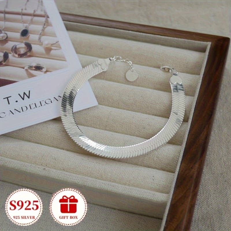 TEMU Elegant 925 Silver Snake Bone Bracelet For Women - Simple, Versatile, And Jewelry For Daily Wear, Perfect As A Couple's Holiday Gift With Box