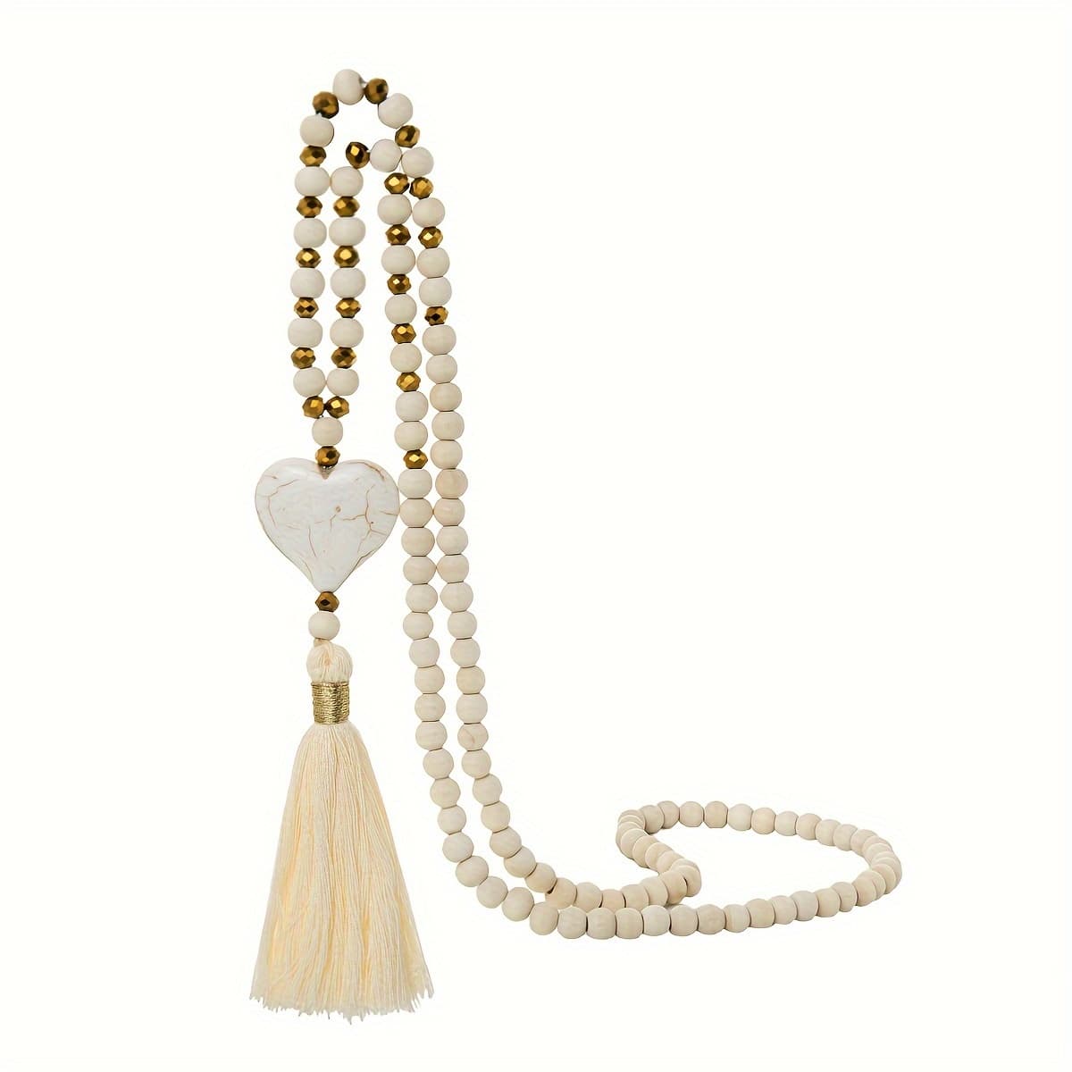TEMU Bohemian Style Turquoise Heart Mixed With Wooden Bead Tassel Pendant, Long Y-shaped Women's Necklace, Fashionable And Versatile