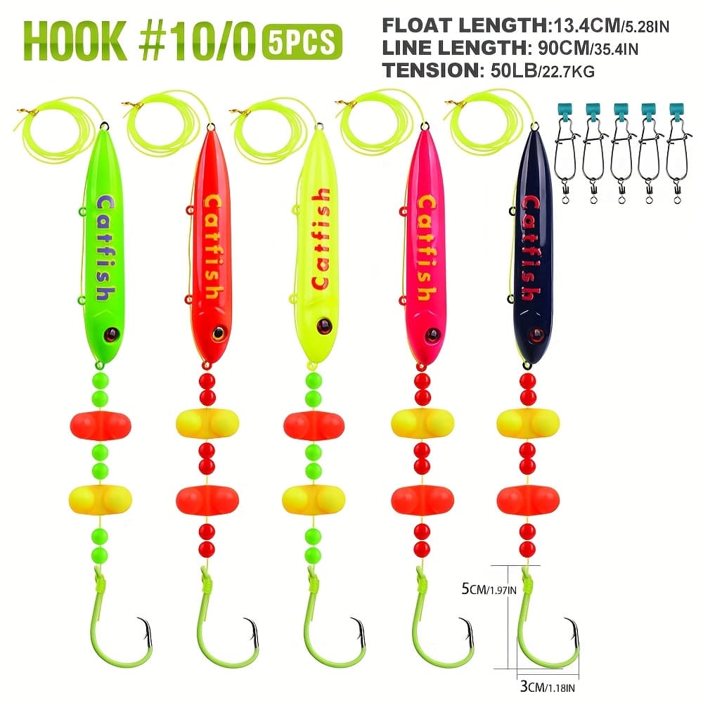 TEMU 5pcs Catfish Rig With Float - Freshwater Fishing Lure Set W/ 8/0 & 10/0 Circle Hooks, Rattle Beads & Phosphorescent Coating - Ready-to-use Catfish Lines For Bank Fishing, , Catfish (catfish Rigs)