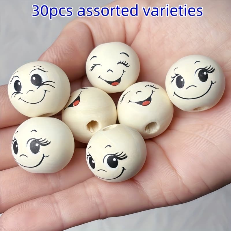 TEMU 30pcs 20mm Cute Bead Decorative Bead Wood Bead, Suitable For Diy Keychains, Bracelets, Necklaces, Loose Bead Accessories Decorative Beads, Holiday Bracelet Decoration, Random Styles