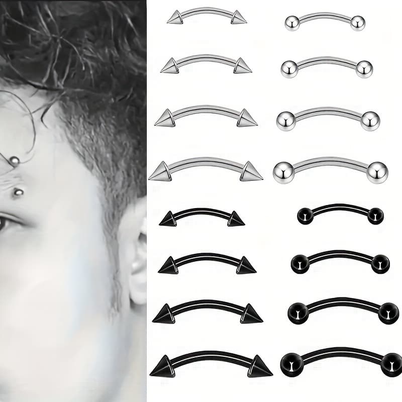 TEMU 16pcs 6/8/10/12mm Men' Steel Curved Barbell Eyebrow Piercing Eyebrow Bone Piercing, Body Piercing Spiral Ear