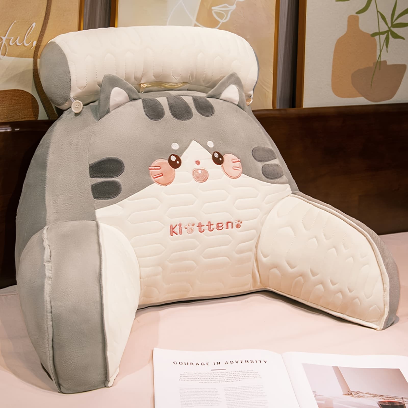 TEMU Multi-functional Bedside Rest Pillow With Cat Design - Soft Polyester Cushion For Reading, Waist Support & Bedroom , Mixed Colors, Holiday Gift, Pillows For Sleeping