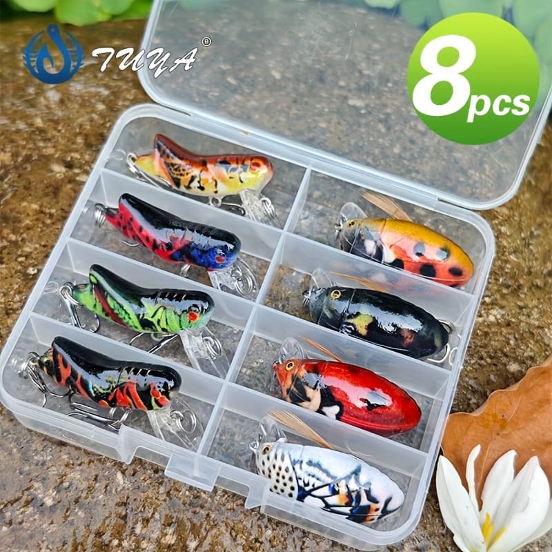 TEMU 8pcs Lifelike Fishing Lure Set - 3d Printed & Grasshopper Baits, Durable Abs Material, Mixed Colors
