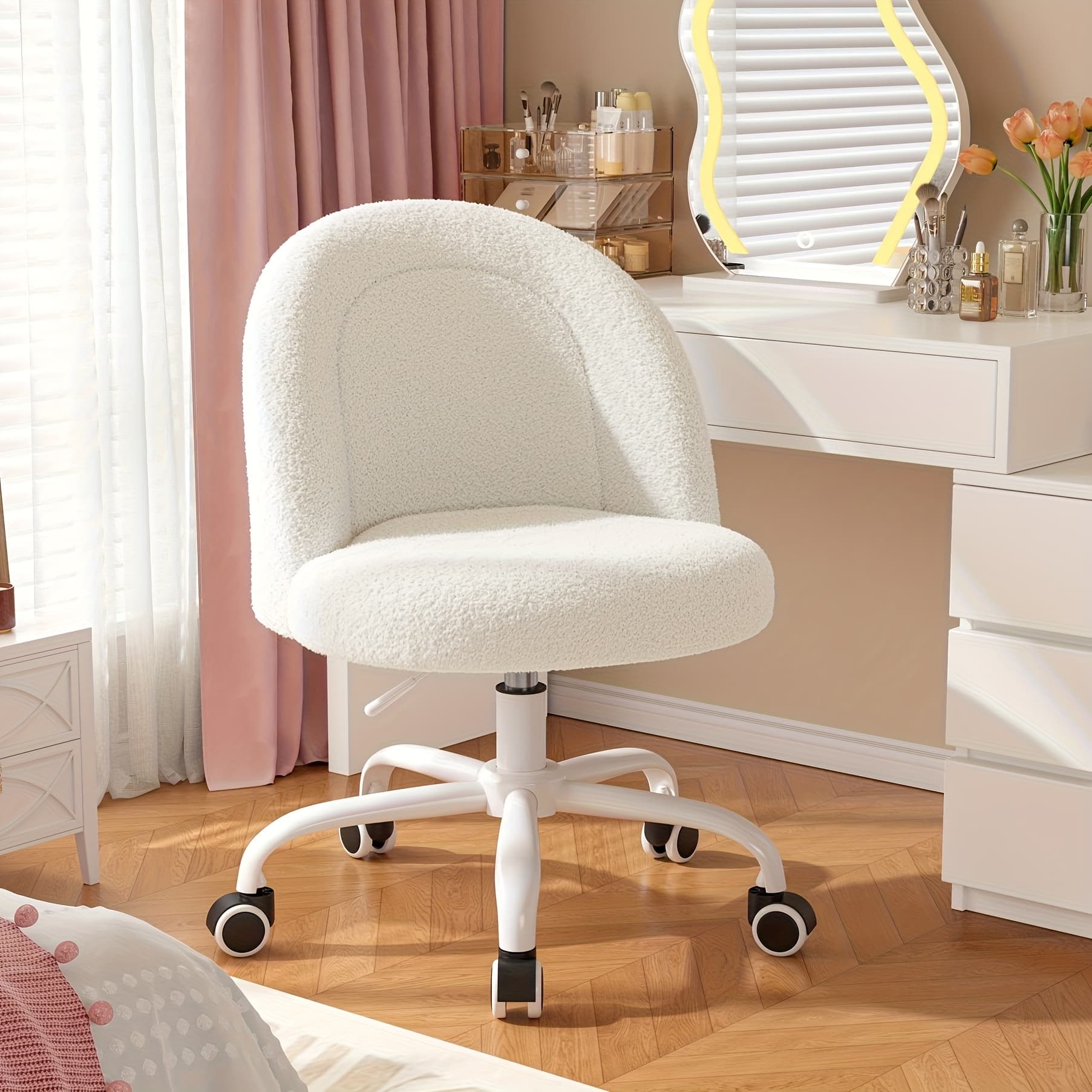 TEMU Vanity Chair With Lumbar Support, Adjustable Swivel Armless Desk Chair, Teddy, Compact For Small Spaces, Bedroom, Beige, Jelly Pink, White, Black, Grey