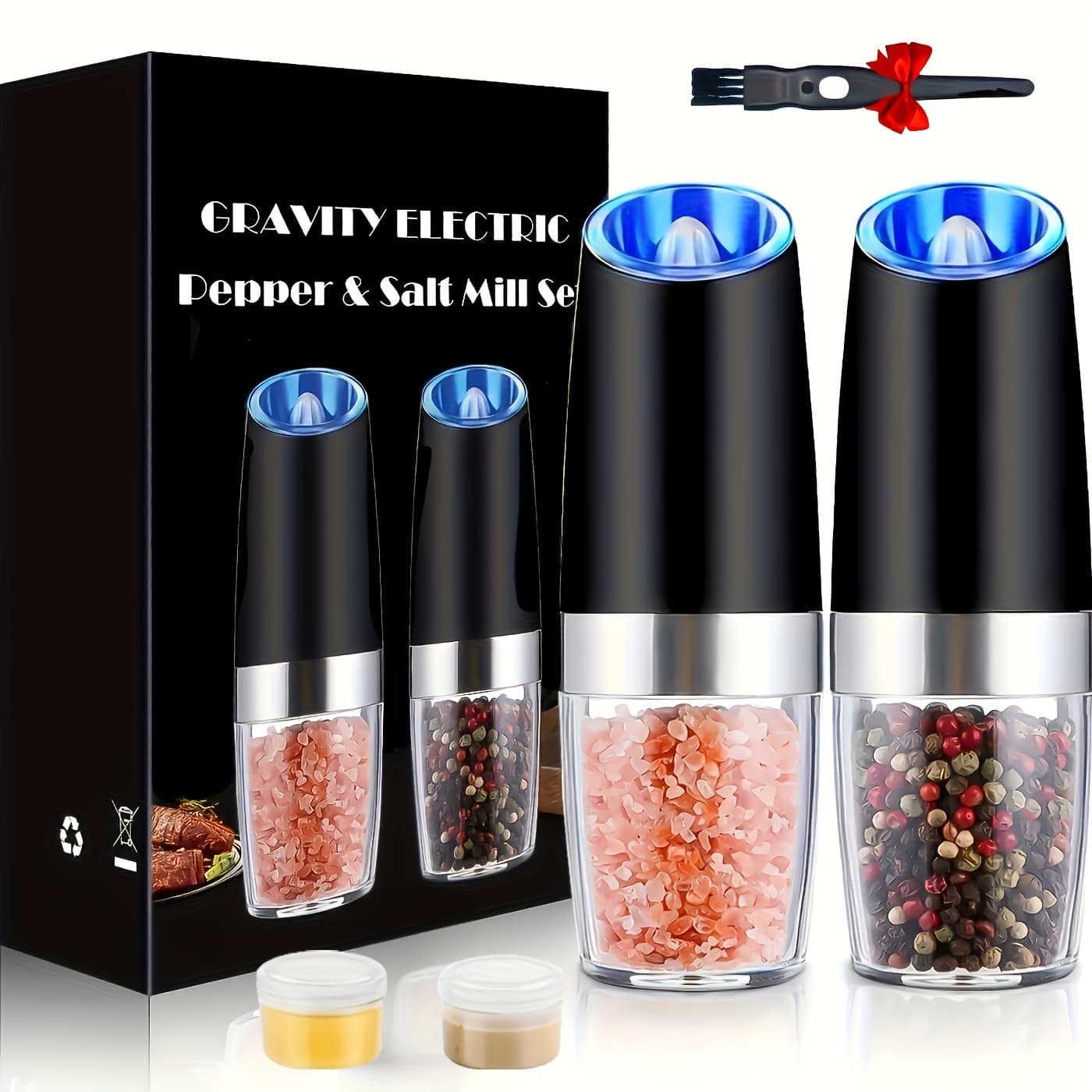 TEMU Set Of 2 Electric Salt And Pepper Mills - Gravity-activated, Led Lighted, Adjustable Grind Size, One-handed Use, Stainless , Battery-operated For Easy, Contemporary Cooking