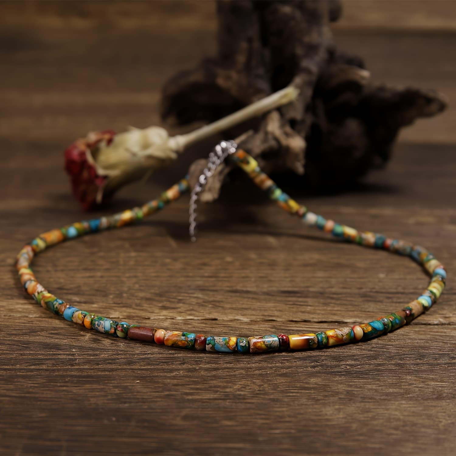TEMU 1pc Bohemian Women's Necklace Made Of Natural Stone - Features A Colorful Stone Cylinder Pendant, Handcrafted With Bright Colors