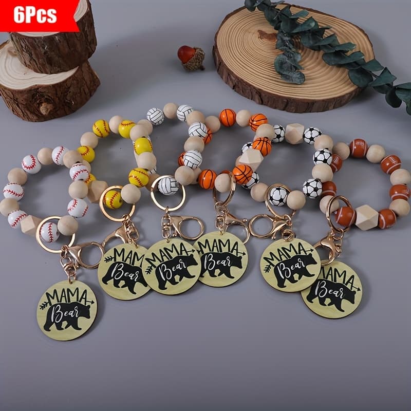 TEMU Set Of 6 Wooden Sports Wind Ball Pendants, Wooden Bead Key Rings, Perfect For Holiday Gifts