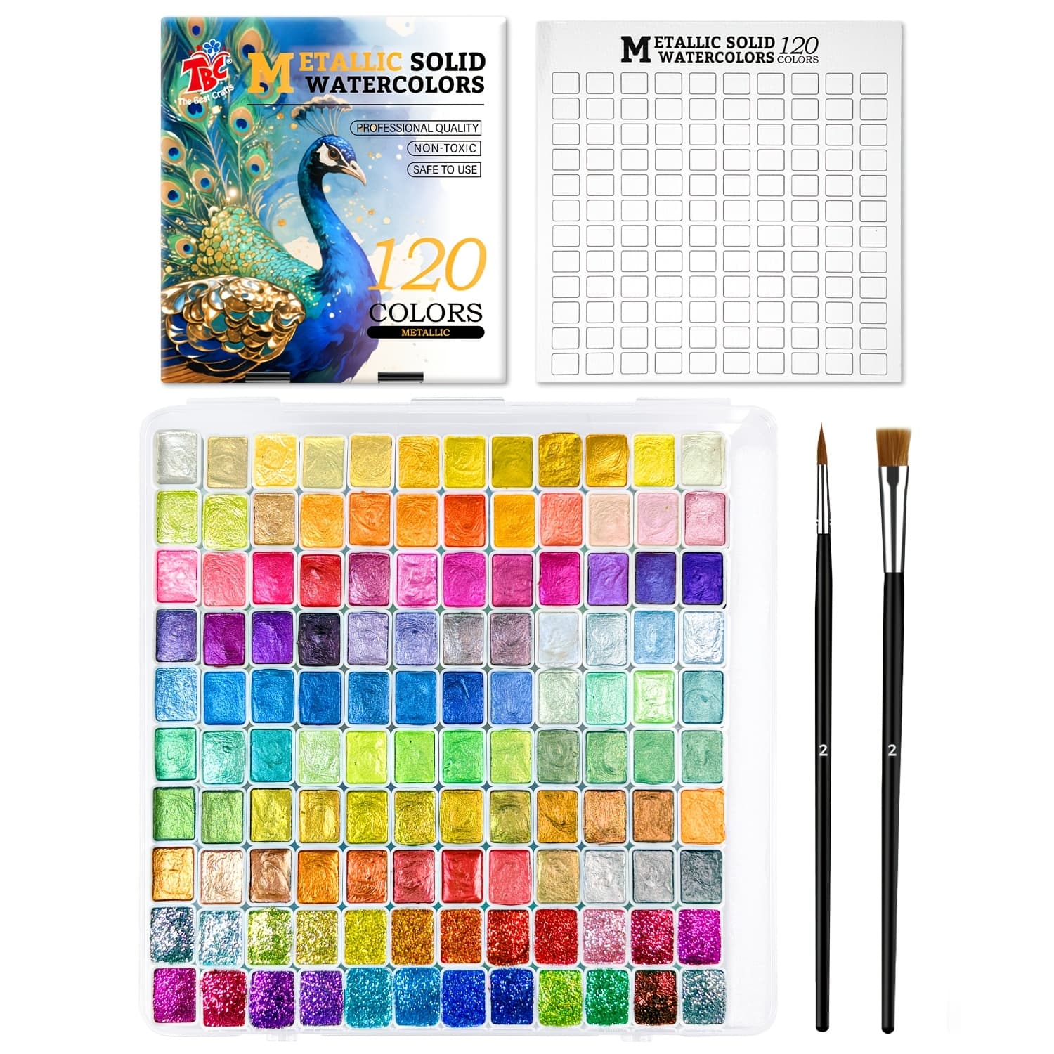 TEMU Tbc 120 Colors Metallic Solid Watercolor Set, 2 Brushes & Palette Included, Art Supplies For Painting/travel/school, Adult Beginners & Professionals
