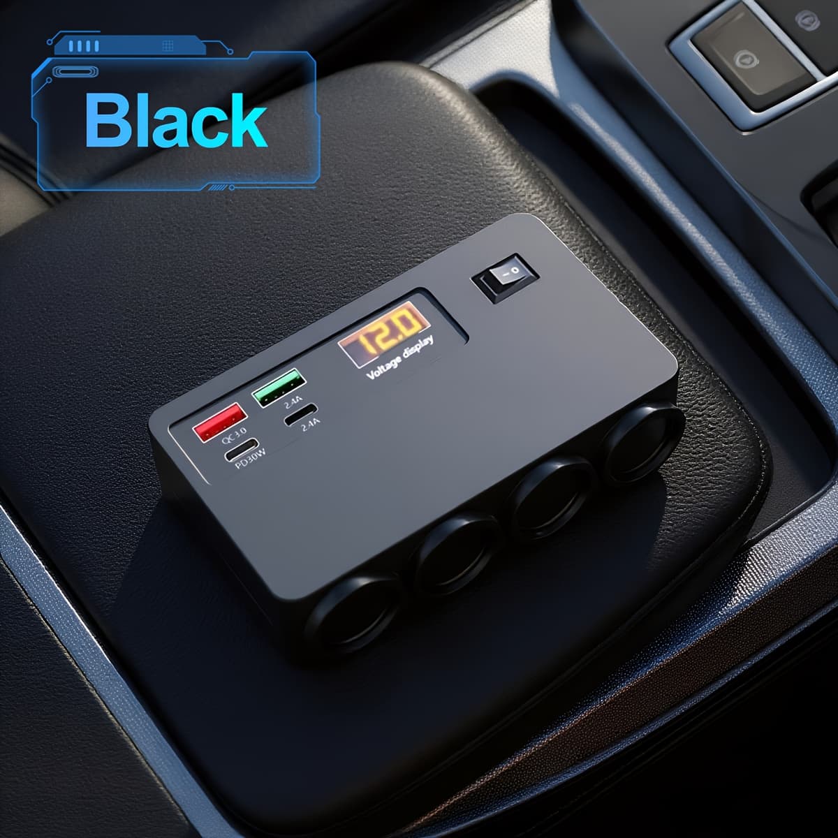 TEMU 1pc New For 2025 Distributor, Car Fast Charger Adapter With 4 Outlets Power Supply Dc12v/24v, 2 Type-c And 2 Usb Charging Ports 29. 5in Cable, Independent Switch, Led Voltage Detection