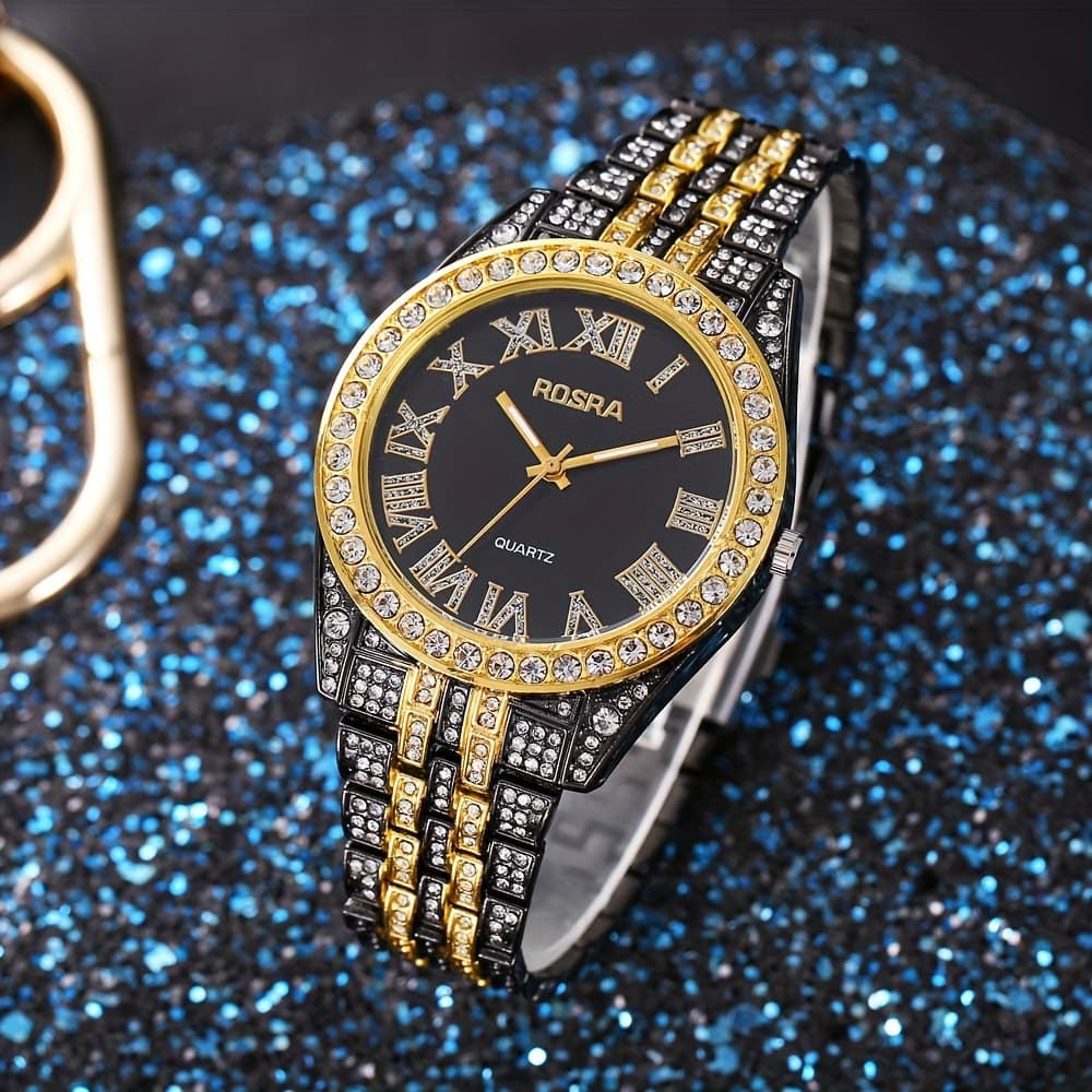 TEMU Men's Luxury Watch With Rhinestones, Featuring A Stainless In Silvery, Black, And Golden, A Quartz Movement, And A Stylish Clock Face