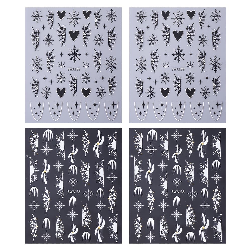 TEMU 4 Black And Silvery Winter Snowflake Christmas Manicure Stickers Swa135 + 135 + 139 + 139