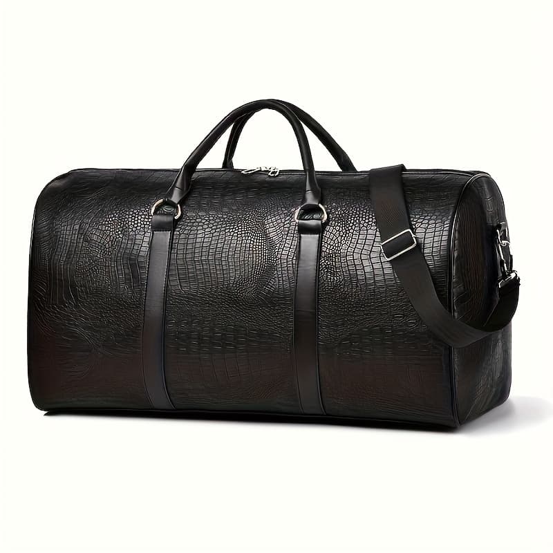 TEMU Vintage Crocodile Pattern Luggage | Retro Style | Large Capacity | Black And Dark Brown | Multifunctional Travel Handbag With Shoulder Strap
