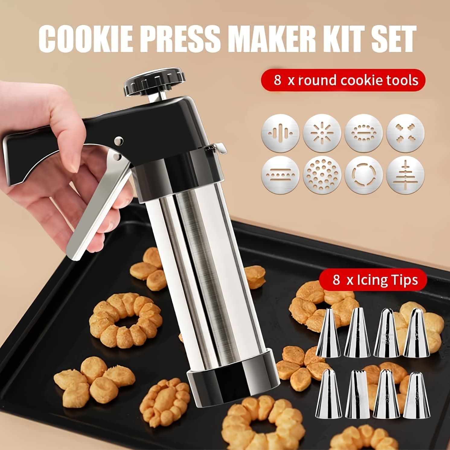 TEMU Cookie Press Gun Kit- Stainless Steel Maker, With 8 Mouths +8 Flower Slices No Electricity Needed, Perfect For Kitchen & Restaurant Use For Diy Christmas , Baking And Decorating