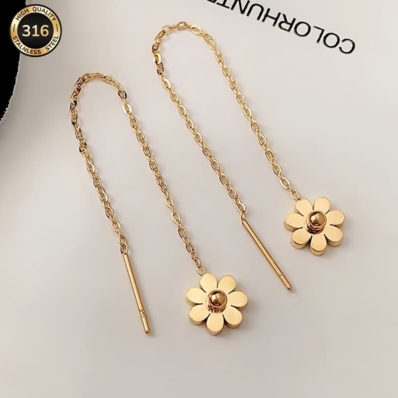 TEMU Easy, Delicate, Beautiful Sunflower-shaped Stainless Steel Chain Fringed Earrings, Hypoallergenic, , Valentine's Day Gift For