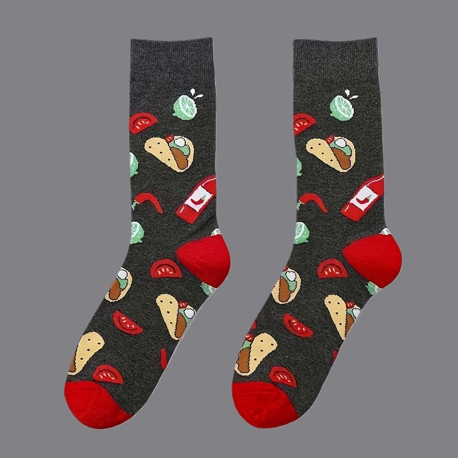 TEMU 1 Pair Men Women Food (mexican Burrito, Ingredients, Sauce) Pattern Sailor Socks, Main Color Dark Gray, With Red Etc., Comfortable And Warm, Unisex, For Food-themed