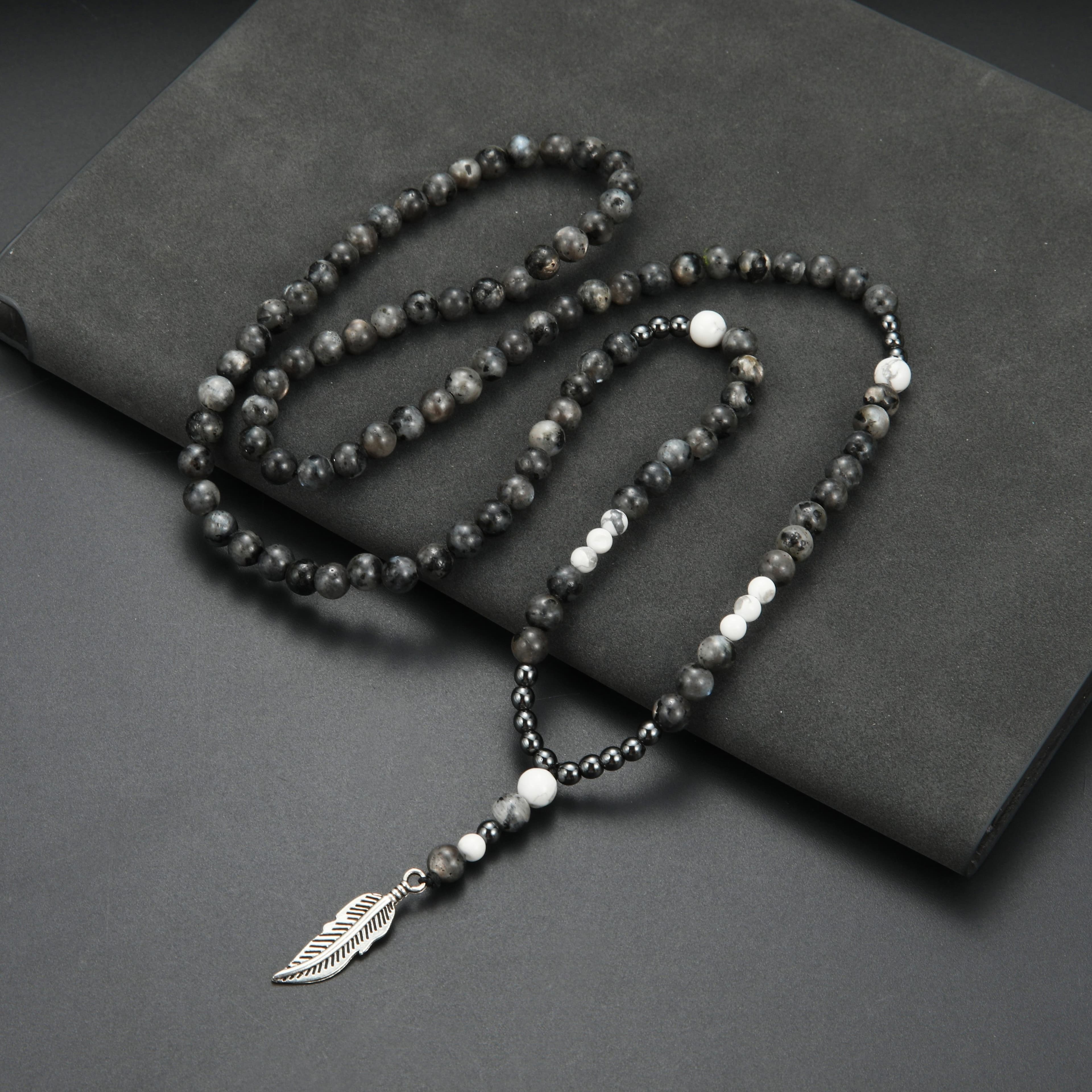 TEMU 1pc Trendy Cool 6mm Black Grey Round Beads Feather Small Pendant Men's Necklace, Sweater Chain Gift