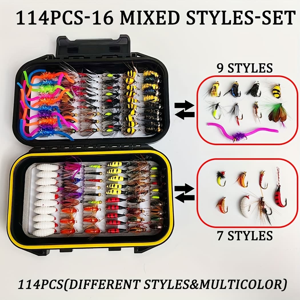 TEMU 114pcs-fly Flies Lure Handmade Fly Fishing Gear With Dry/wet Flies, Fly Fishing Lure Kit For Bass Trout Nymphs, Streamers, Popper