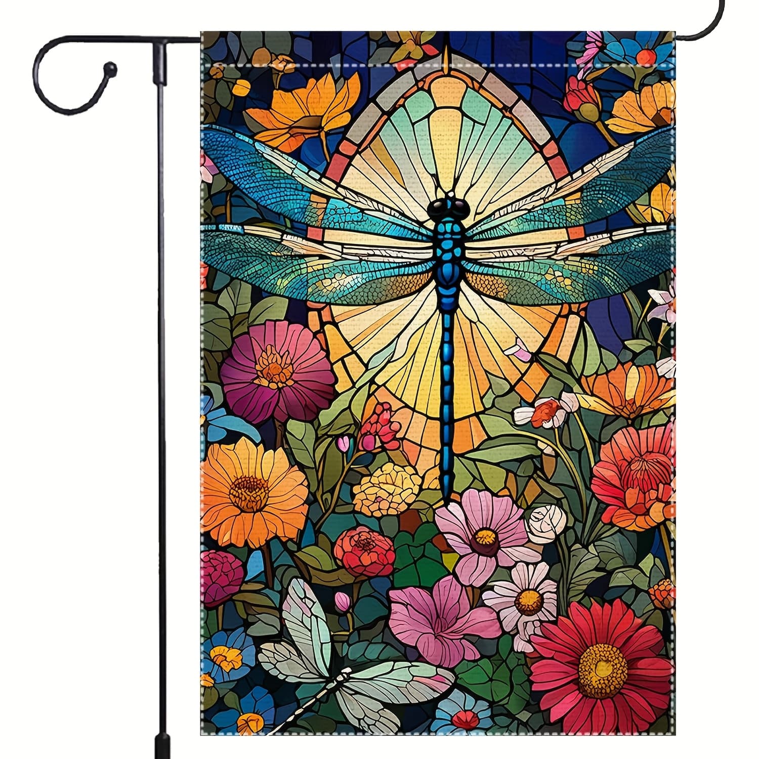 TEMU 1pc Spring/summer Garden Flag, Vintage Glass-style Colorful Floral Dragonfly Yard Flag, Double-sided Rustic Farm Lawn Seasonal Welcome Outdoor Yard Lawn Flag, 12 X 18 Inches