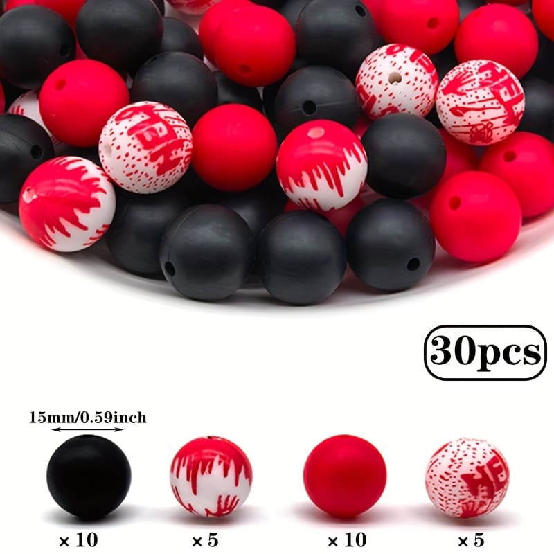 TEMU A Set Of 30 Silicone Beads Featuring A , Showcasing Eerie Patterns In Red And . Loose Spacer Beads Are Perfect For Handmade Jewelry, Daily Decor, Holiday Presents, And Gifts For Women