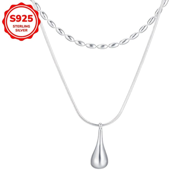 TEMU 925 Sterling Silver A Stylish Y-shaped Necklace For Women, Featuring A Simple And Versatile Double-layered Rice Bead And Water , Suitable For Daily Wear.