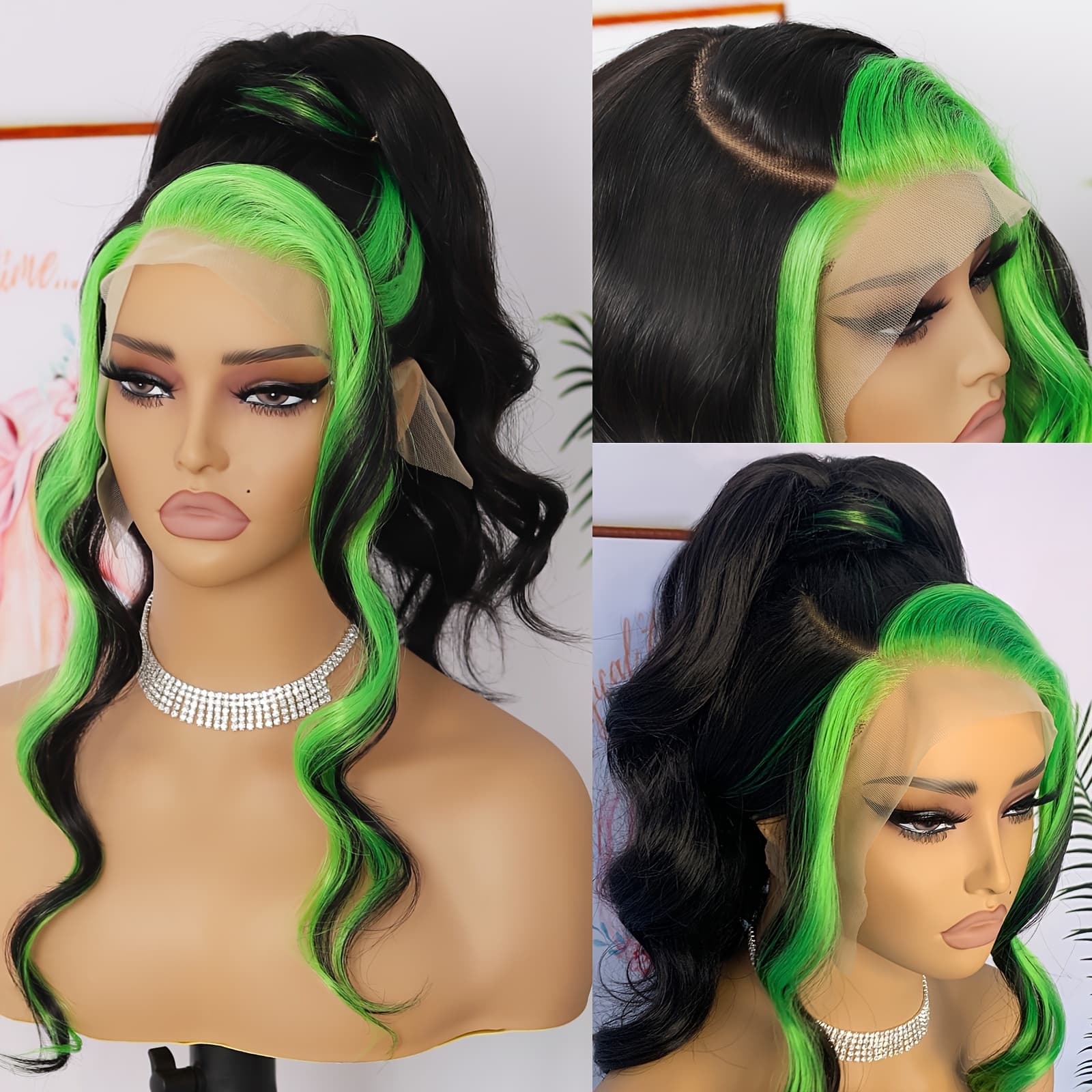 TEMU 13x6 Highlight Green Lace Front Wig Loose Wave Wigs With And Green Streak Wig Glueless Lace Wigs Long Body Wave Wig Synthetic For Women
