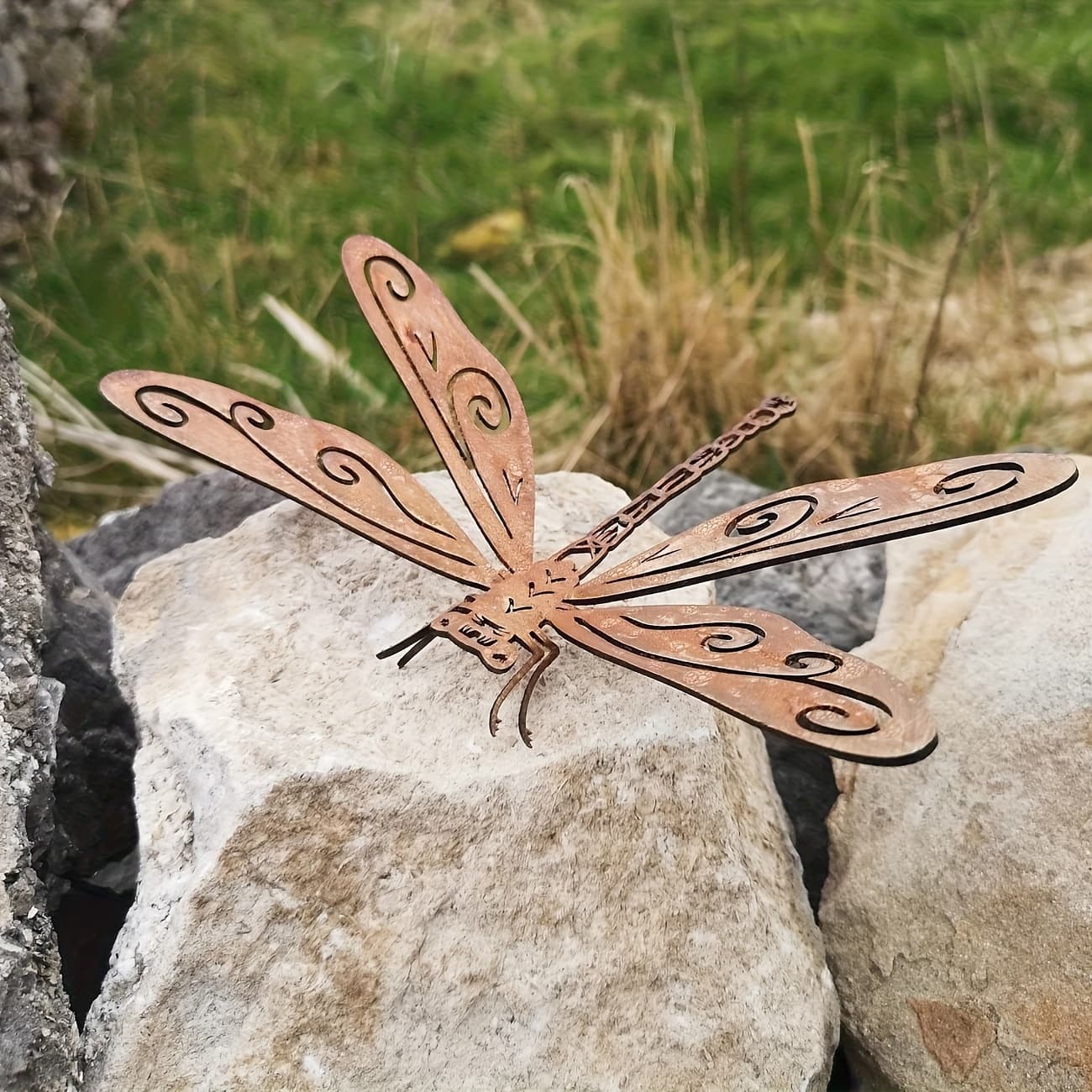 TEMU 1pc Of Elegant Metal Rust Colored Dragonfly Garden Statue Decoration , Complex Vortex Patterns, Outdoor Sculptures For And Father's Day, Durable Floor Mounted Home And Garden Decorations