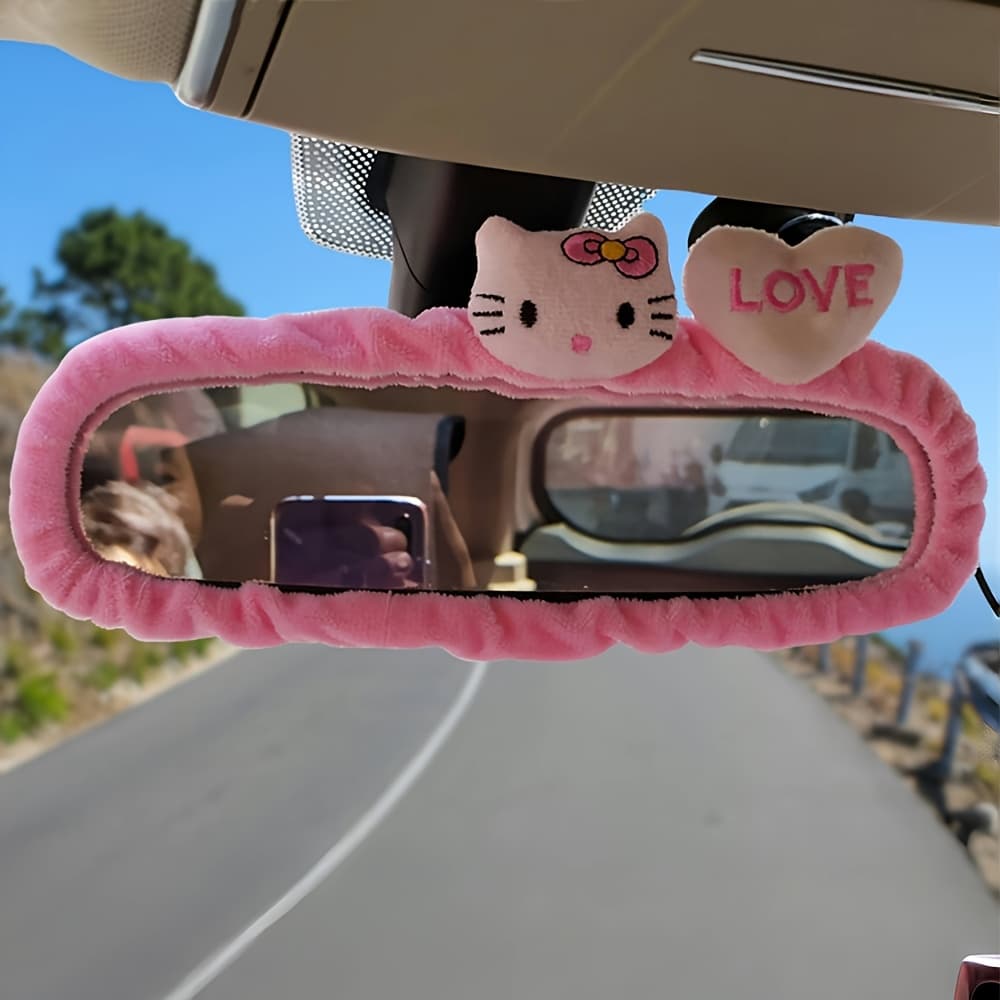 TEMU An Authorized Car Rearview Mirror Decoration Featuring A Cute Cartoon Design Of For Hello Kitty, A Cover Elastic And Suitable For Most Vehicle Interiors.