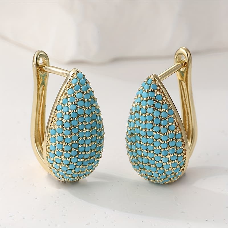 TEMU Copper Material Inlaid With Synthetic Turquoise Hoop Earrings, Simple, Fashionable, High-end And Heavy Golden Small Hoop Earrings With Ear Buckles