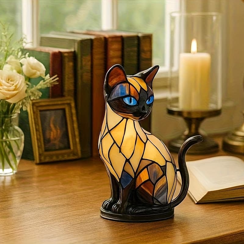 TEMU Cat Lamp With Glowing Glass Kitty - Plastic Cat-themed Night, For Bedside, Desk & Fireplace - Cute Christmas Gift For Cat Lovers, Decorative Resin Lamp For & Anime Decorations