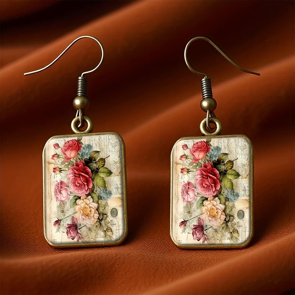 TEMU A Set Of Vintage- Earrings Featuring A Watercolor Painting Of Flowers, Perfect As A Handmade Gift For