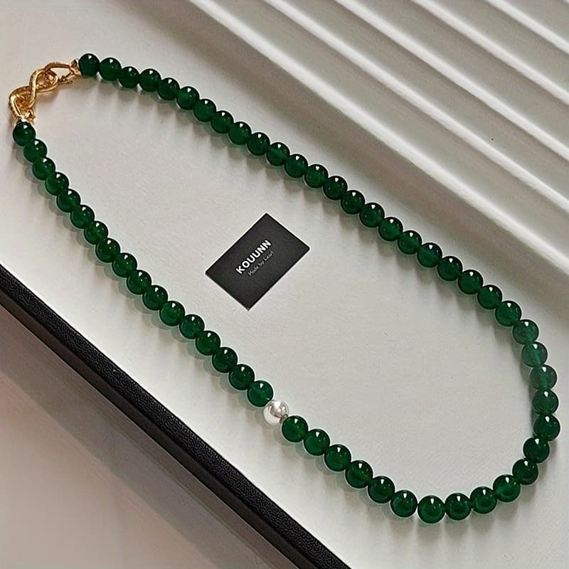 TEMU 1pc 8mm Natural Stone Green Agate Bead Necklace Light Luxury Premium Daily Accessory Gift
