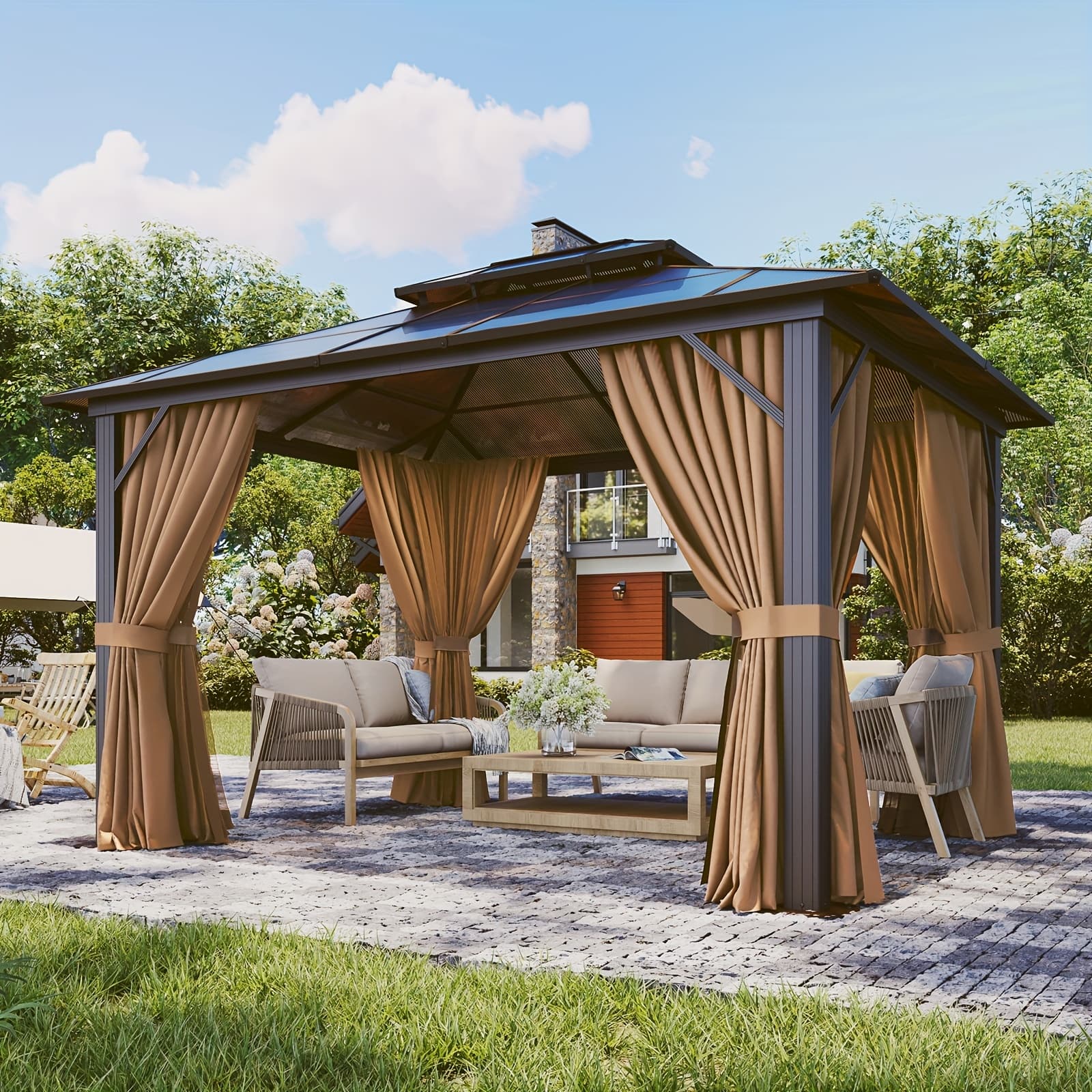 TEMU 10'x10'/12'x10'/12'x12' Gazebo For Patio, Outdoor Aluminum Gazebo With Double Roof, Curtains & Netting, Weather-resistant Permanent , Backyard Patio Furniture For Garden, Lawn, Deck (brown/gray)