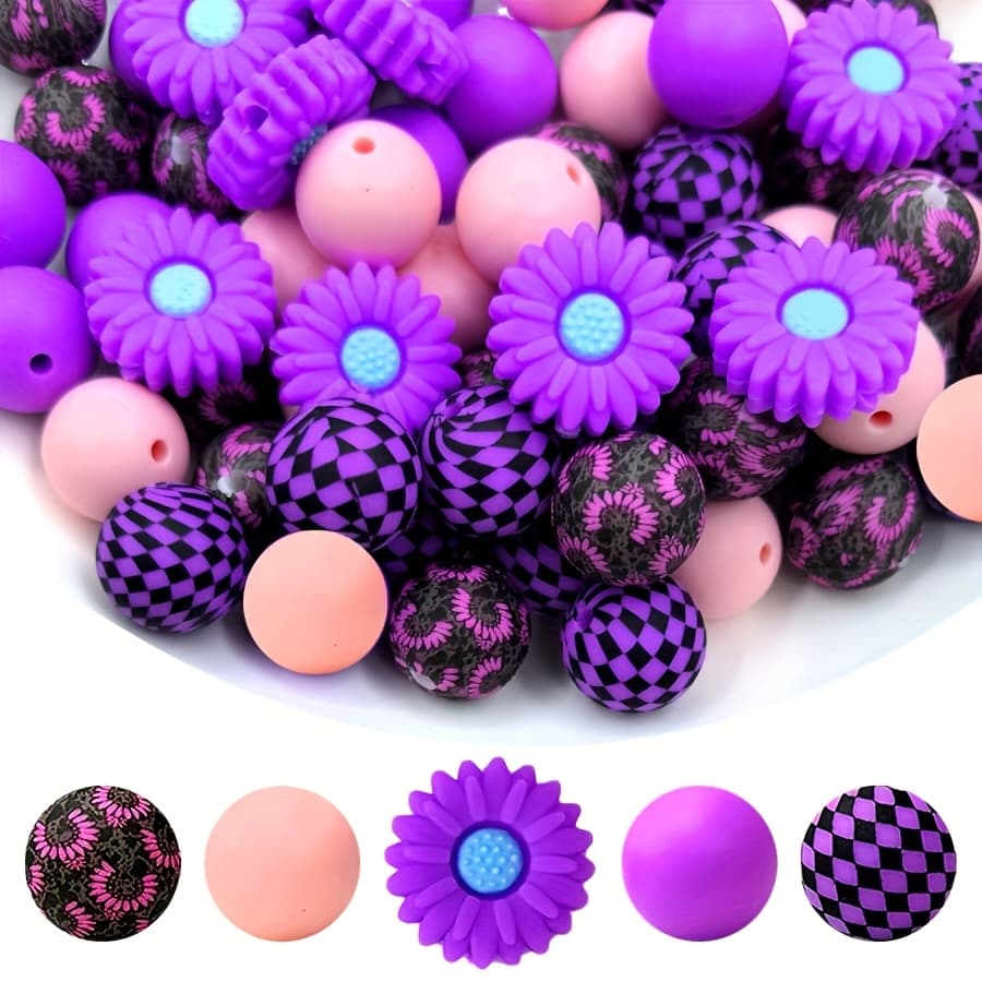 TEMU 50 Silicone Flower Shaped Beads For Diy Handicrafts, Keychains, Bracelets, Necklaces - Purple Sunflower Design
