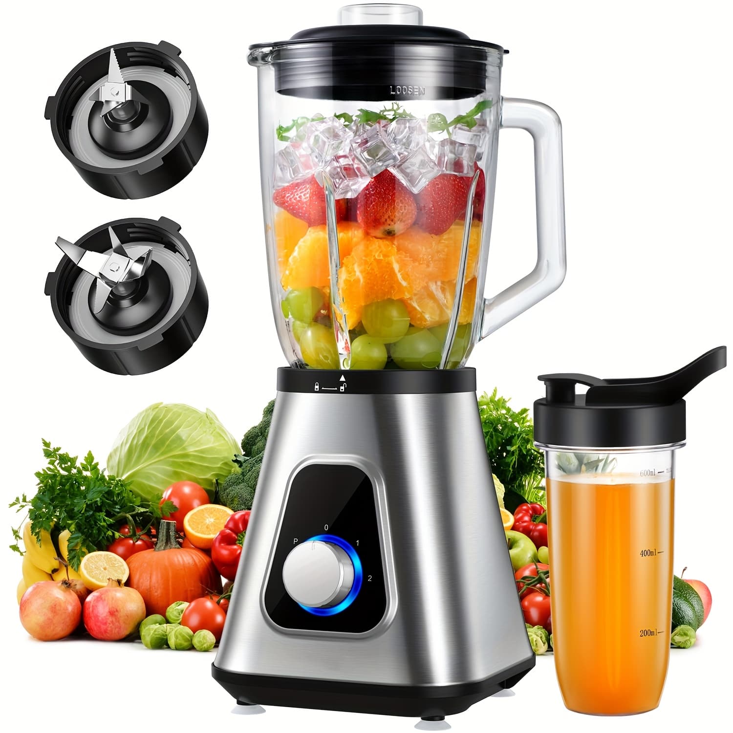 TEMU Powerful Countertop Blender, 52oz Glass Jar, 22oz Travel Cup, 3 Adjustable Speed Control For Fruit Drinks, Smoothies, Sauces & More, Silvery.