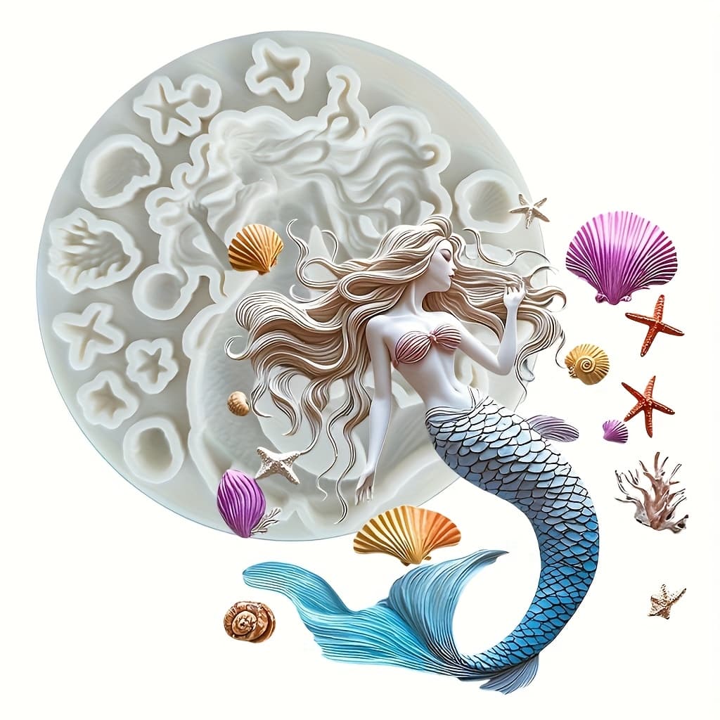 TEMU Mermaid Theme Silicone Mold Set For Cake Decoration, Chocolate, Fondant, Clay Resin Jewelry Casting Molds, Resin Molds With Starfish And Shell Decorations, Baking Tools