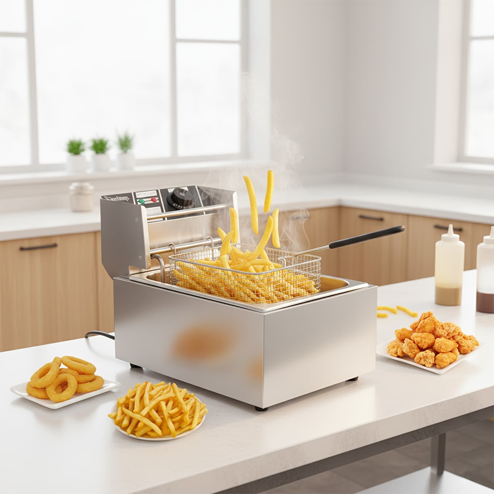 TEMU Electric Deep Fryer Adjustable Temperature Control Electric Deep Fat Fryer, Commercial Deep Fryer Easy Clean, Chip Pan With Basket And Lid For Kitchen, Restaurant, 2500w, Stainless Steel