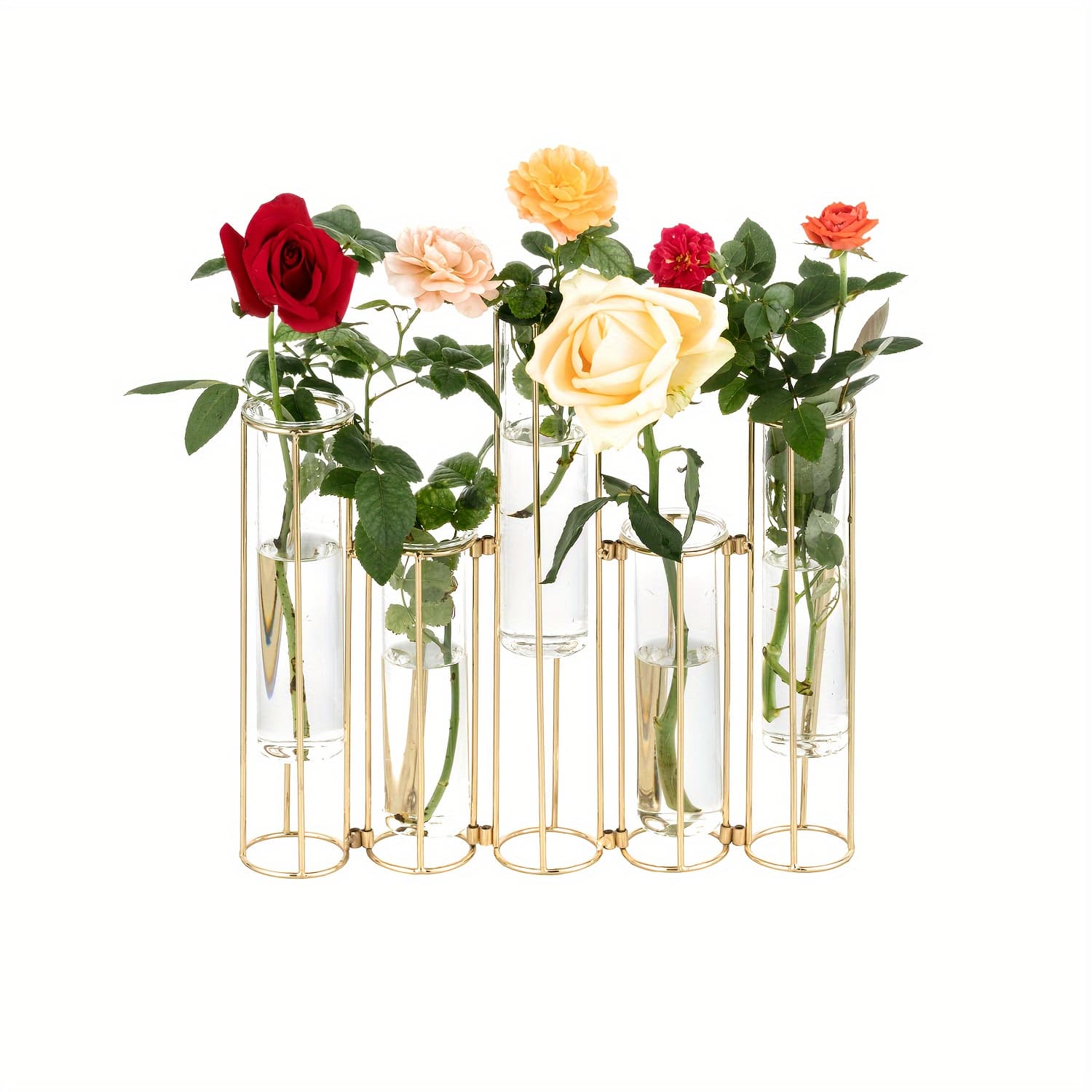 TEMU Test Tube Vase For Flowers, Glass Vase With Metal Stand Racks Hydroponic Test Tube Vase Set Of 5, Gold Hinged Plant Vases Display Set Table Centerpieces Vase For Home Decor