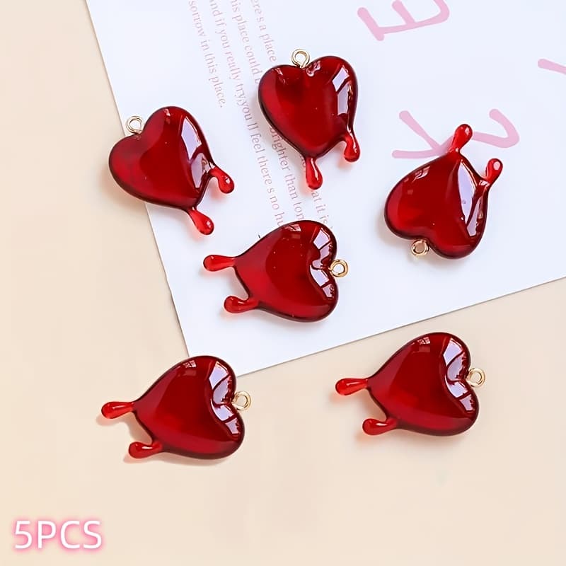 TEMU 5pcs Set Of Unique Black/red Heart-shaped Resin Parts, Suitable For Handmade Jewelry, Pendants, Earrings, Chain Accessories, Keychains, And Bag Charms