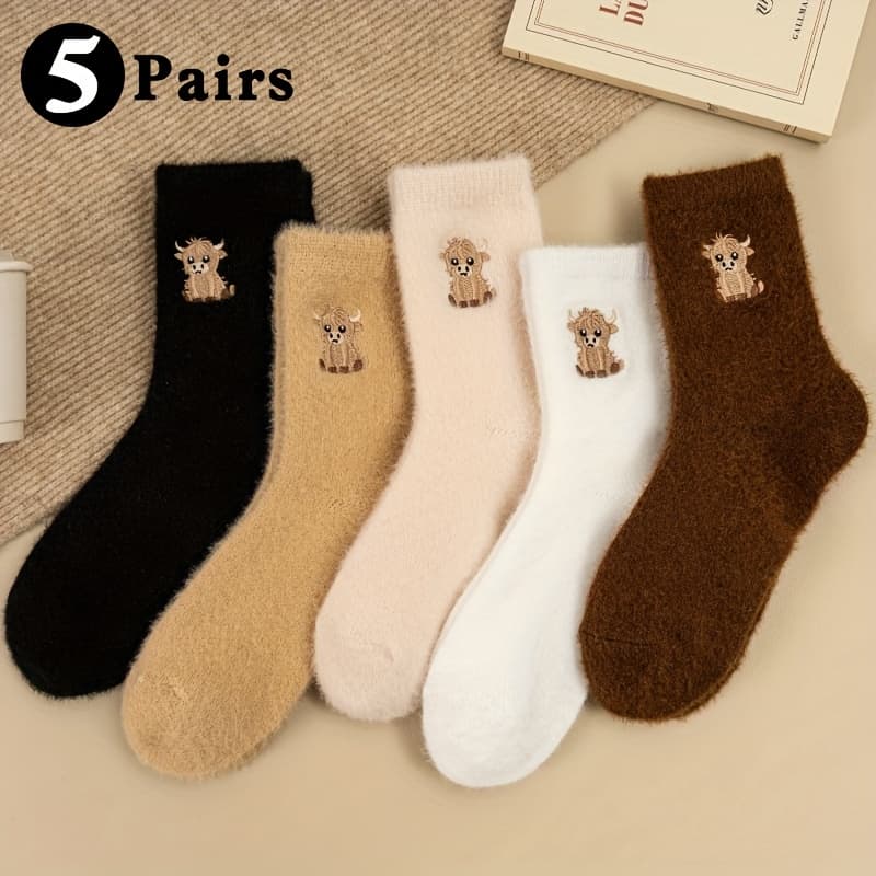 TEMU 5-pair Women's Embroidered Plush Socks, Winter Thickened Warm Floor Socks, Cartoon Warm Foot Sleep Socks, Coffee , Trendy And Versatile Women's Socks