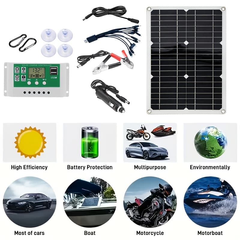 TEMU Solar Panel Kit 12v Dual Usb Outputs Solar Panel Controller Combo, With Solar Charge Controller For Boat Motorcycle Home Lights Rv Emergency Generators